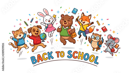 Φωτογραφία Back to School Fun: A whimsical illustration features a cheerful group of anthropomorphic animals, including a cat, dog, rabbit, bear, fox, owl, and mouse