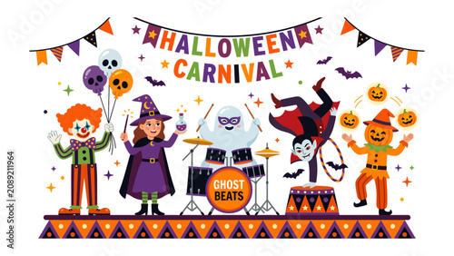 Принти на полотні Halloween Carnival Spectacle: A vibrant Halloween carnival featuring a clown, witch, ghost drummer, vampire acrobat, and pumpkin performer under festive bunting
