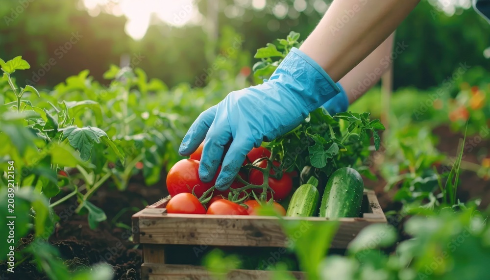 Fototapeta premium Gardener's gloved hand harvesting ripe tomatoes, cucumbers, and greens into wooden crate
