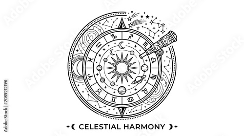 Tableau sur toile Celestial Harmony Zodiac Wheel with Sun, Planets, Telescope, and Constellations