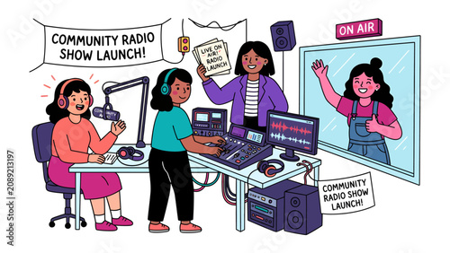 Tableau sur toile Community Radio Show Launch: Three enthusiastic women celebrate the launch of a community radio show, working at the soundboard and broadcasting live