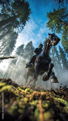 Dynamic equestrian rider galloping a powerful horse through a sun-dappled, misty forest on a challenging dirt trail