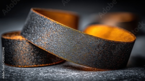 Abstract Close-up of Weathered Industrial Metal Strip with Glowing Golden Interior on Dark Background