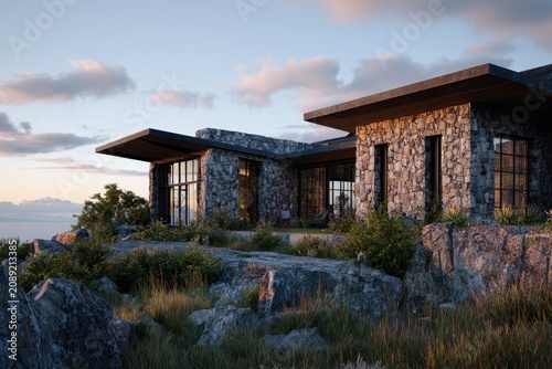 Elegant modern cliffside house crafted from natural stone walls and expansive glass, set against a serene sunset landscape.