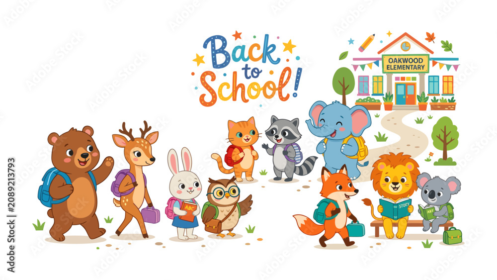 Fototapeta premium Back to School Animals: A whimsical collection of anthropomorphic animal students, including a bear, deer, rabbit, owl, fox, lion, koala, elephant, and raccoon, embark on their first day of school.