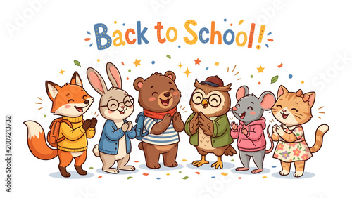 Fotografía Back to School Celebration: A delightful gathering of anthropomorphic animal friends, including a fox, rabbit, bear, owl, mouse, and cat