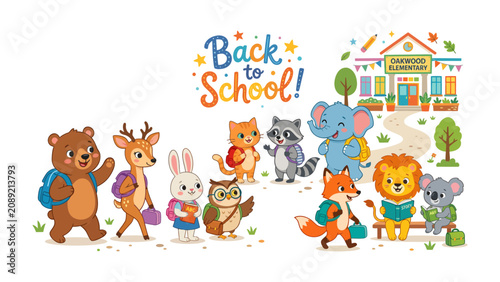 Photography Back to School Animals: A whimsical collection of anthropomorphic animal students, including a bear, deer, rabbit, owl, fox, lion, koala, elephant, and raccoon, embark on their first day of school