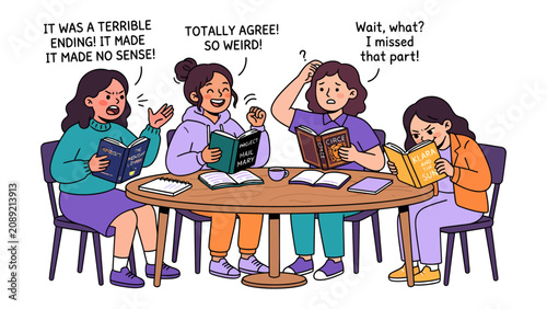Fotografi Book Club Gathering: Four friends engrossed in their books at a table, sharing diverse reactions to the story