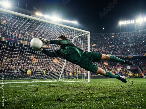 Soccer Goalkeeper Diving to Catch Ball During Stadium Football Match