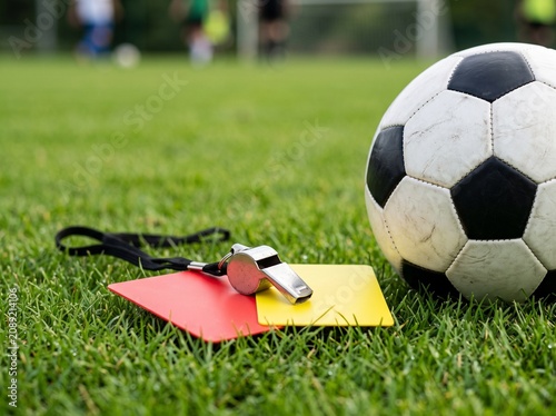 Referee's equipment whistle, yellow and red cards, with a soccer ball on a lush grass pitch