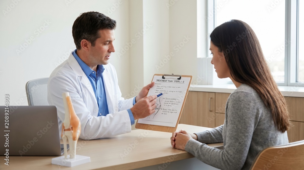 Obraz premium Medical Doctor Explaining a Knee Treatment Plan to a Young Female Patient in a Modern Clinic Office Setting