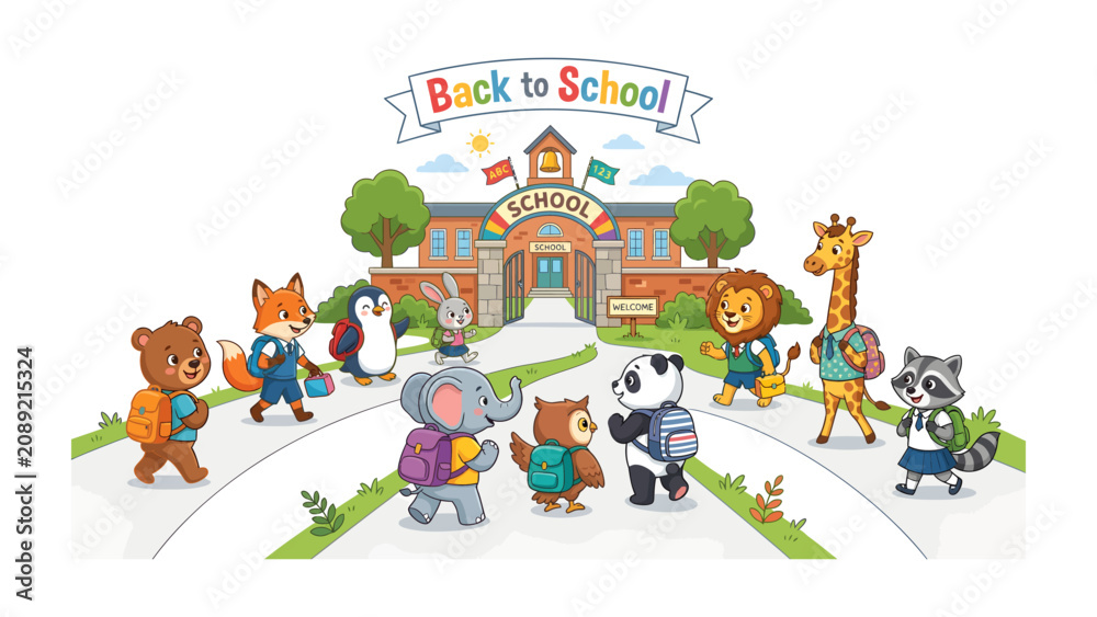 Naklejka premium Back to School Animals: A delightful illustration depicts a charming group of anthropomorphic animals, including a bear, fox, penguin, rabbit, elephant, owl, panda, lion, giraffe, and raccoon.