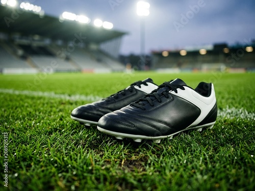 Black leather football boots on lush green grass field in stadium