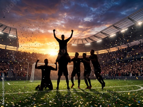 Professional Soccer Players Celebrating Victory in a Crowded Stadium at Golden Sunset Hour