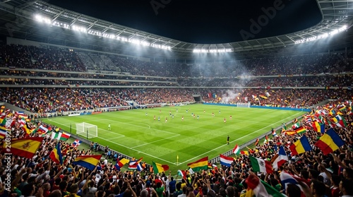 Panoramic View of a Crowded Sports Stadium Filled with Energetic Fans Waving Colorful Flags