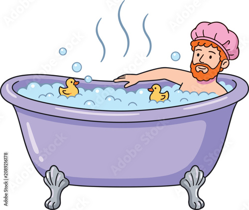 Obraz na plátně Cute Man Taking Bubble Bath in Bathtub with Rubber Ducks and Shower Cap for Pers