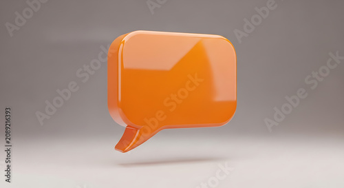 Glossy orange speech bubble icon floating on neutral background, 3d rendering