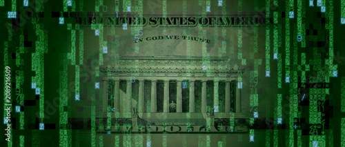 Electronic Cash Concept with Five Dollar Bill made from Numbers and Symbols. Futuristic Finance Wallpaper.