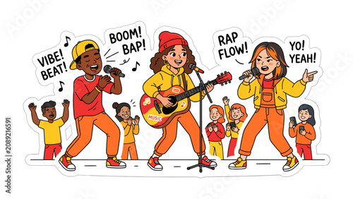 Quadro su tela Urban Beats: A vibrant street performance showcases a trio of young artists, a rapper, a guitarist, and a singer