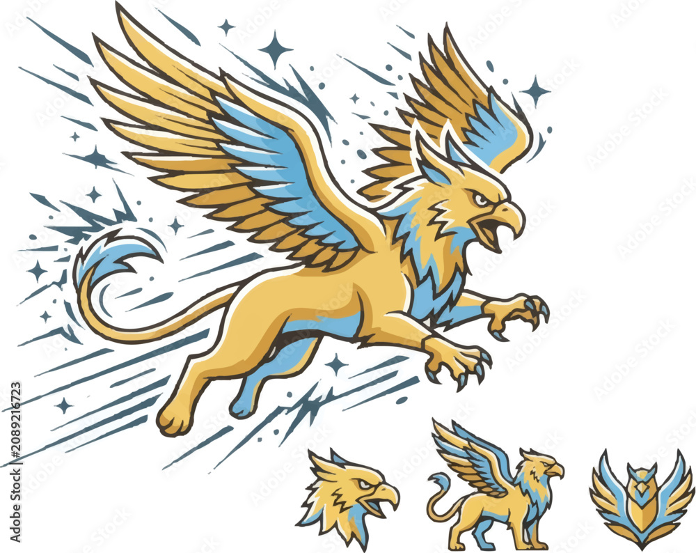 Naklejka premium Golden Griffin Mythical Creature Flying.