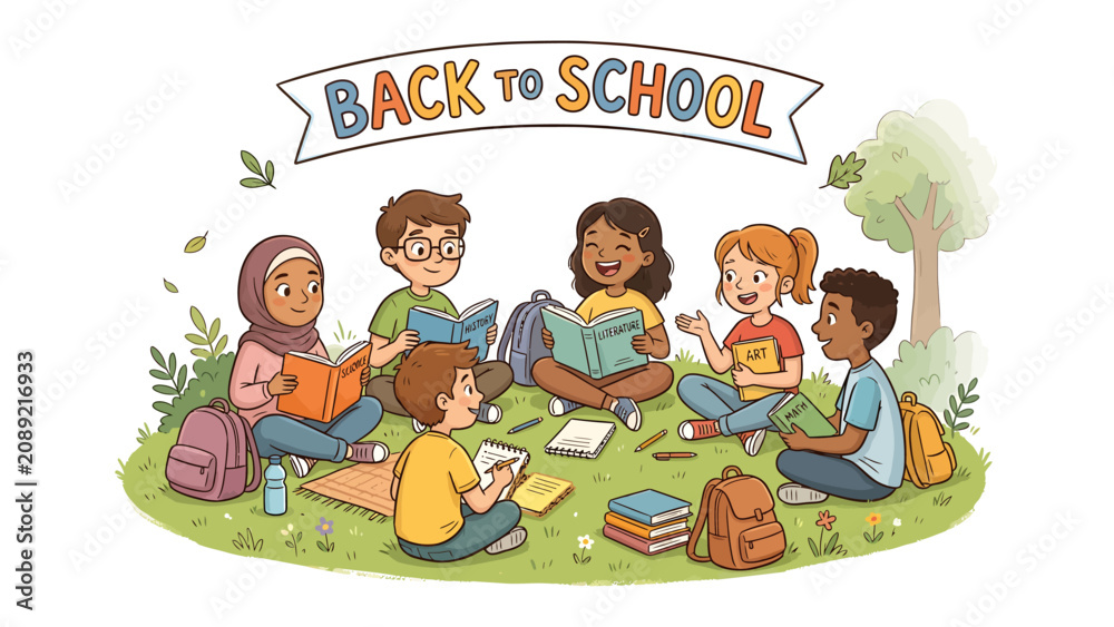 Fototapeta premium Back to School Circle: A diverse group of children sits in a circle on the grass under a Back to School banner, reading books and engaging in cheerful conversation.