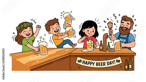 Schilderij op canvas Joyful Beer Celebration: A lively scene of people enjoying themselves at a bar, clinking glasses, and celebrating Happy Beer Day with foam-filled mugs and confetti
