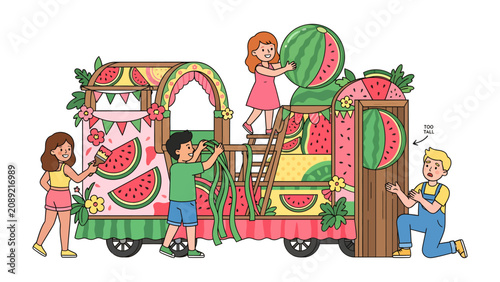 Fotografie Watermelon Festival Float Preparation: Children enthusiastically decorate a vibrant festival float adorned with watermelon motifs and summer blooms, anticipating a joyous community celebration