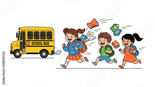фотографія Eager Learners at the School Bus: A group of joyful children with backpacks and books in hand, energetically run towards a bright yellow school bus, eager for a day of learning and adventure