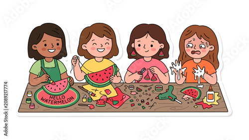 Photos Crafting Chaos: Four young girls enthusiastically engage in a craft project, but one girl's creation seems to be causing quite a sticky, messy situation
