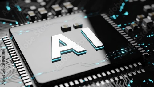 AI microchip with metallic surface and illuminated edges, showcasing intricate circuit patterns and electronic components in a close-up view on a dark background