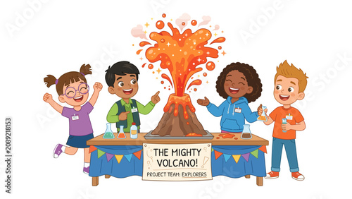 Photography The Mighty Volcano Project: Four excited children proudly present their erupting volcano science experiment, a colorful explosion of creativity and learning in a classroom setting