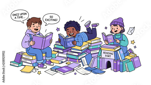 Принти на полотні Children immersed in reading: A group of diverse children enjoy a magical moment, lost in the world of books, surrounded by a sea of colorful volumes and whimsical stars
