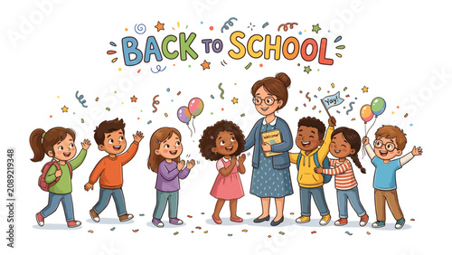 Foto Back to School Celebration: A heartwarming illustration depicts a teacher surrounded by a diverse group of excited schoolchildren, celebrating the start of a new academic year with balloons, confetti