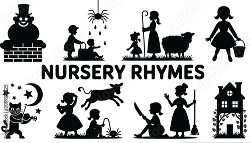 Fotografía Nursery rhymes theme vector art with silhouettes of classic folk characters
