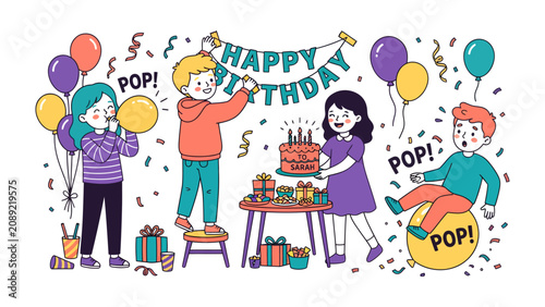 Slika na platnu Birthday Bash Illustration: A vibrant illustration depicts a joyous birthday party scene with children celebrating, decorating, and presenting a cake, amidst balloons, streamers, and confetti