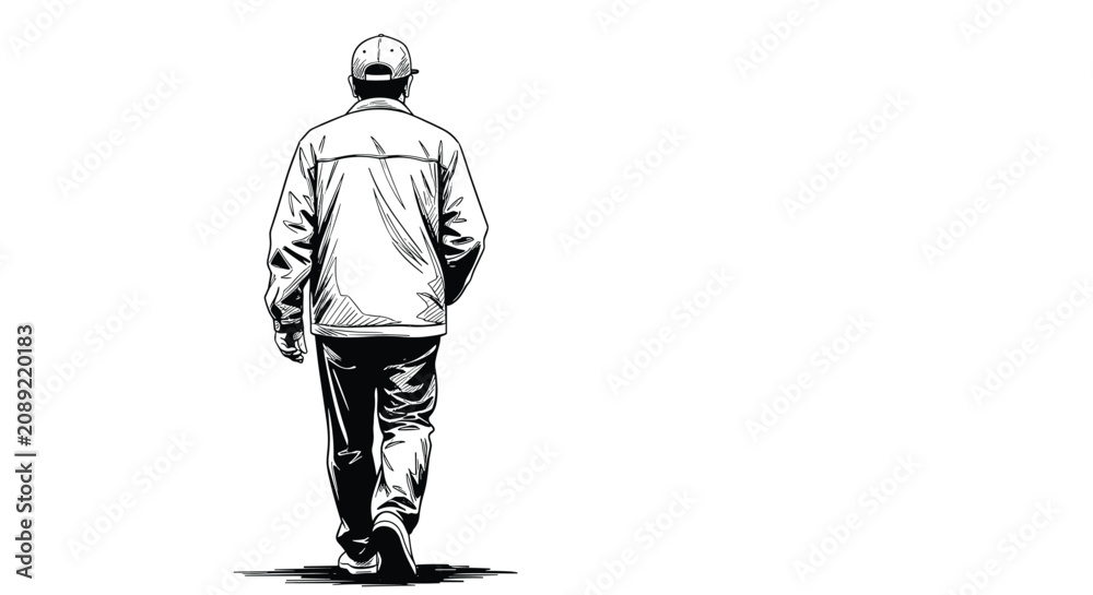 Fototapeta premium Silhouette of a man wearing a cap and jacket is shown walking away from the viewer in a detailed black and white ink sketch style.