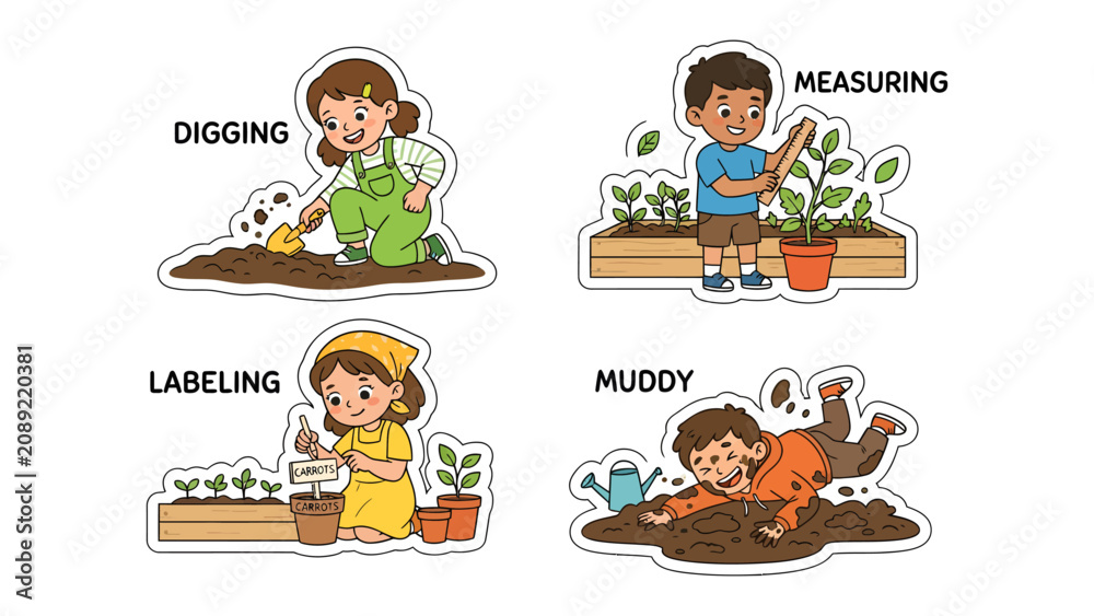 Fototapeta premium Gardening Fun: A vibrant collage depicts children engaged in various gardening activities – digging, measuring plants, labeling seedlings, and playing in the mud, celebrating outdoor fun and learning.