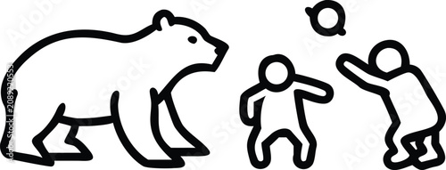 Foto Big Bear Playing Ball with Adult and Child Black and White Minimalist Line Art I