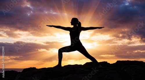 Woman practicing yoga warrior pose silhouette against a vibrant golden sunset sky outdoors