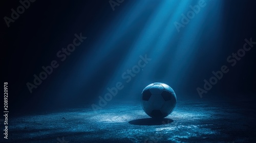 Soccer ball on dark moody ground with dramatic blue spotlight beams, symbolizing intense sport and competition.