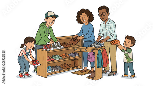 Canvastavla Family Organizes Shoes: A family neatly arranges their shoes on a wooden shelf, fostering a sense of order and shared responsibility in their home