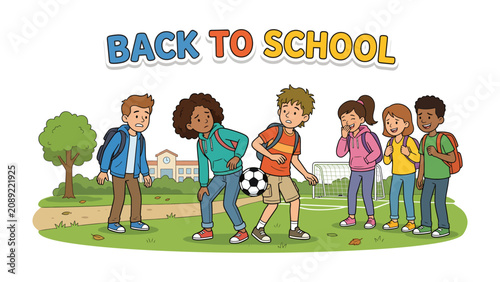 фотографія Back to School Fun: A diverse group of children, some with backpacks and a soccer ball, gather on a schoolyard, eager to start a new academic year
