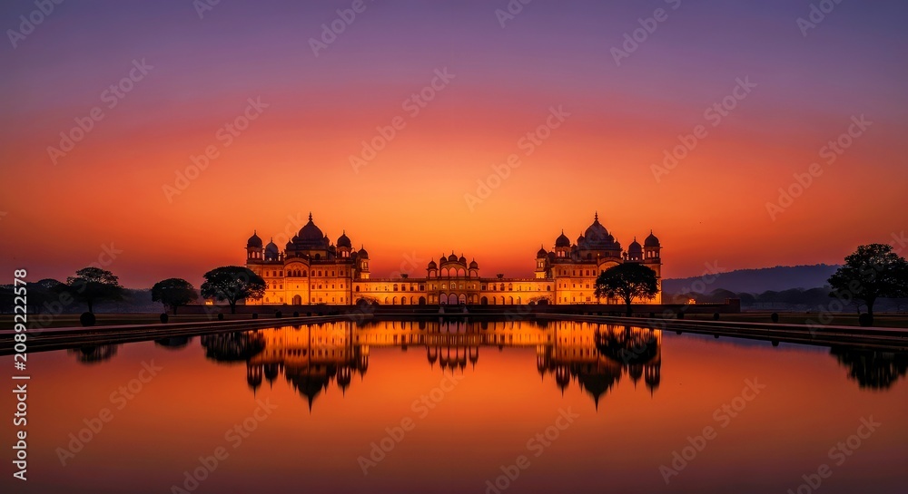 Fototapeta premium Majestic Castle at Sunset Reflected in Still Water