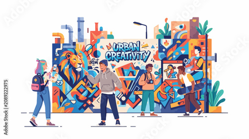 Diverse group of young people interacting with a vibrant urban creativity graffiti mural.