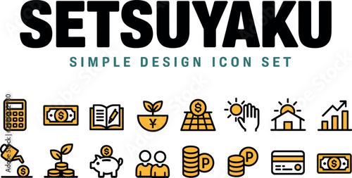 Foto Setsuyaku savings and financial management icon set featuring simple yellow and black design elements