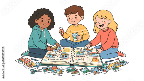 Foto Crafting Memories Together: Three cheerful children, diverse in appearance, are engrossed in creating a scrapbook together, surrounded by photos, scissors, and art supplies
