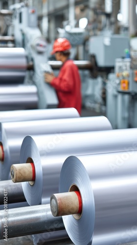 Industrial plastic film winding onto large steel spools in a manufacturing facility