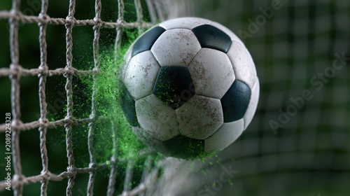 Dynamic Moment of a Soccer Ball Hitting the Goal Net with Green Energy Effect in a Dramatic Sports Capture of Action and Excitement