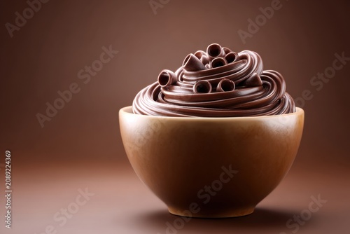 Decadent Chocolate Mousse Swirl Topped with Shaved Chocolate in a Brown Bowl