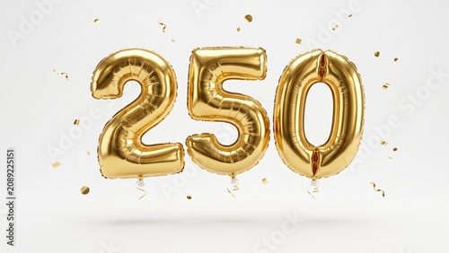 Premium gold foil balloon number 250 floating with elegant metallic confetti on a seamless white background, captured in ultra realistic studio lighting for luxury anniversary celebration projects.